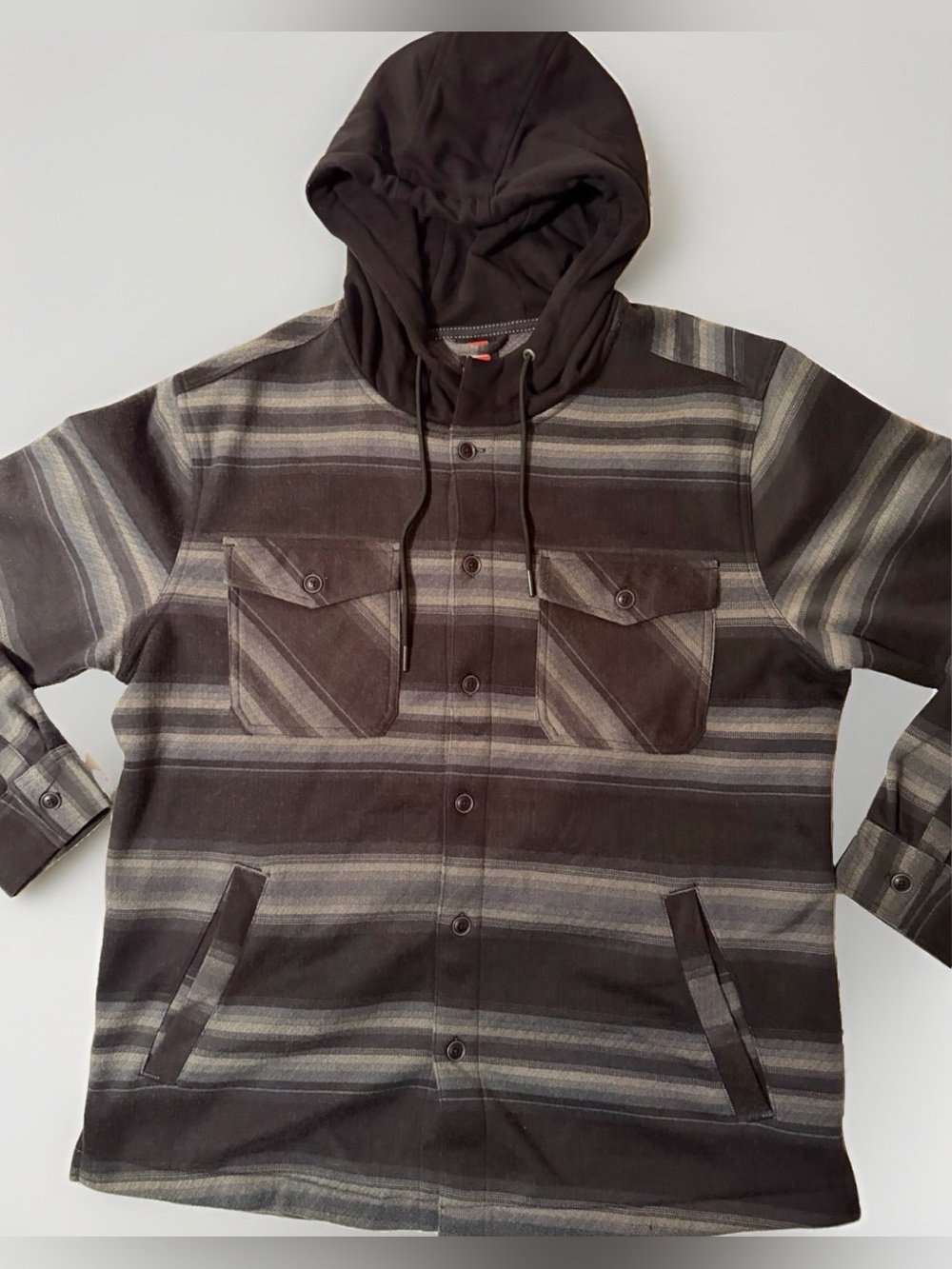 Quiksilver Mens L Grey Striped Thermal Lined Hooded Flannel Shacket Shirt Jacket